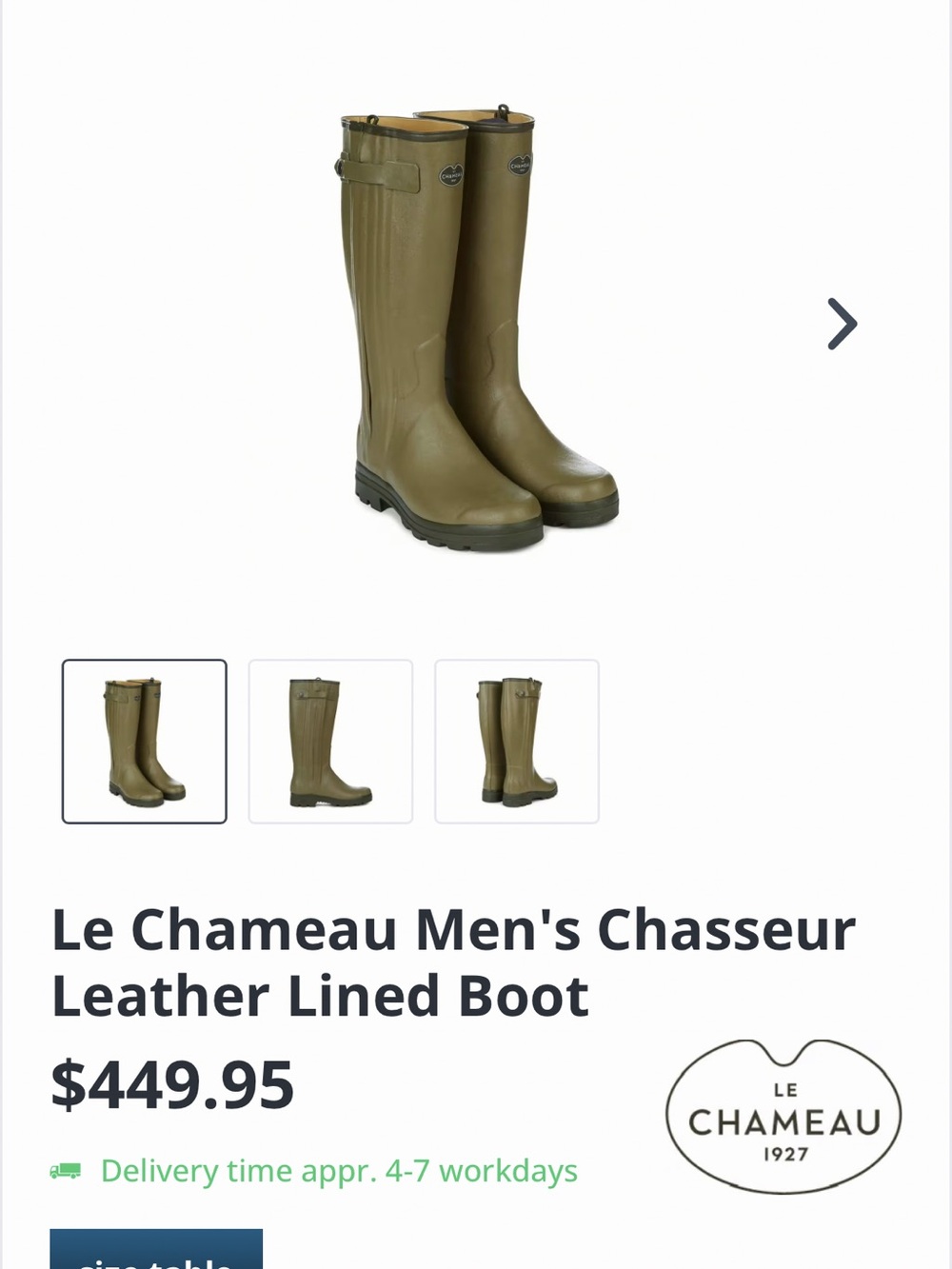 Le Chameau Men's Chasseur leather lined tall rubber boots, olive green - Picture 3 of 16
